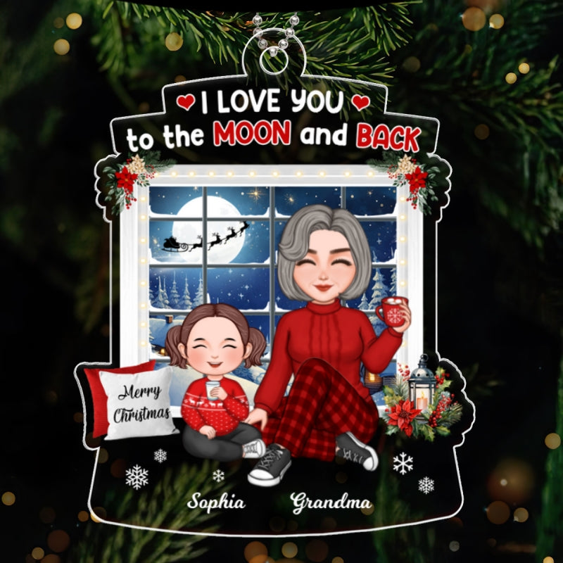 Cute Grandma Grandkid Sitting By Window Love To The Moon And Back Christmas Gift Personalized Acrylic Ornament
