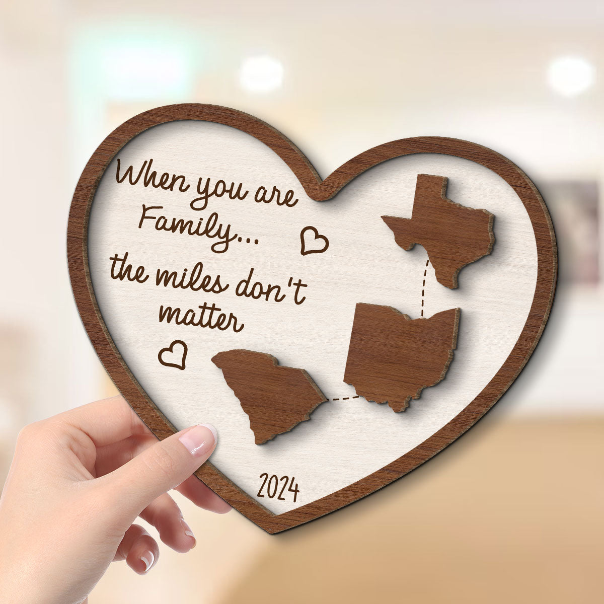 Miles Apart Long Distance Family Friendship State Map Personalized 2-Layer Wooden Plaque