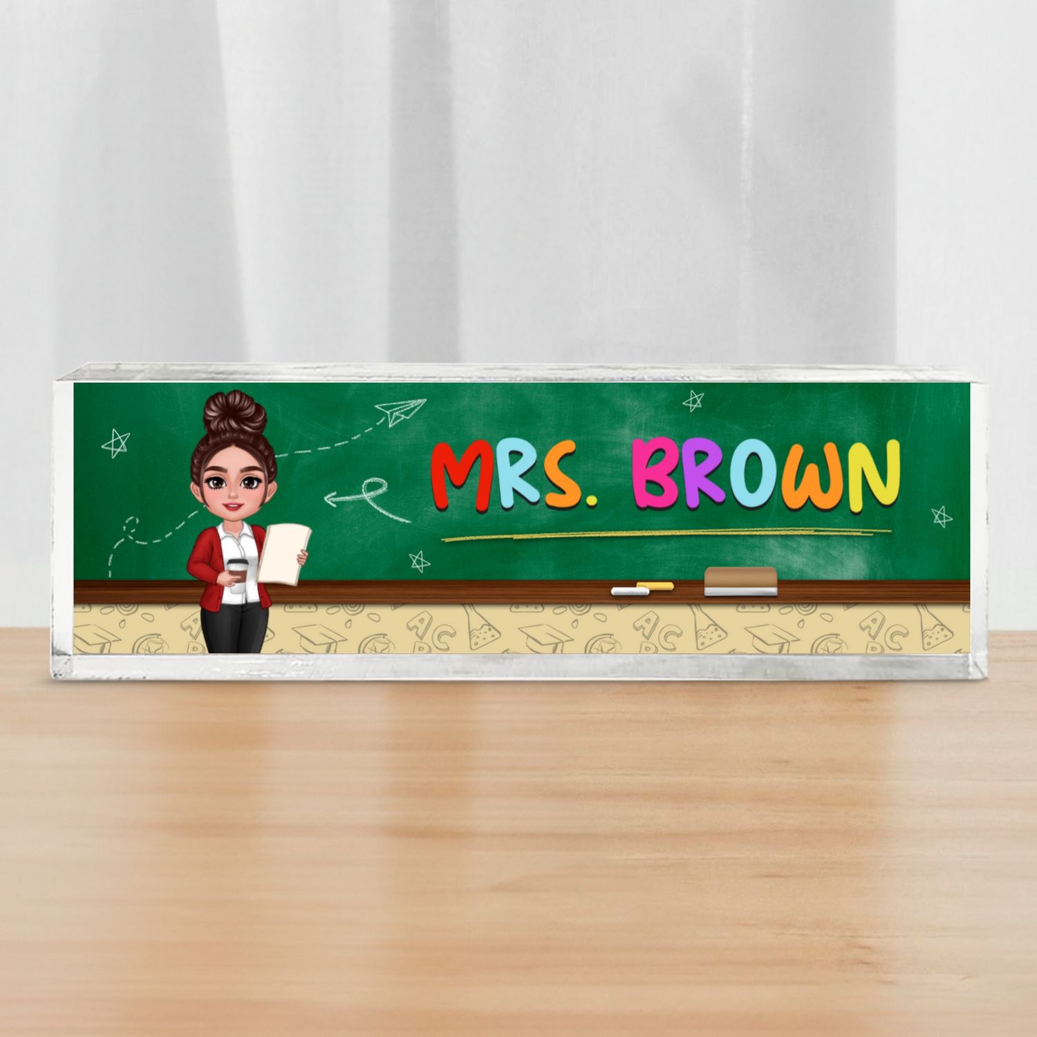 Teacher Green Board Pattern Personalized Acrylic Desk Name Plate, Back To School Gift For Teacher
