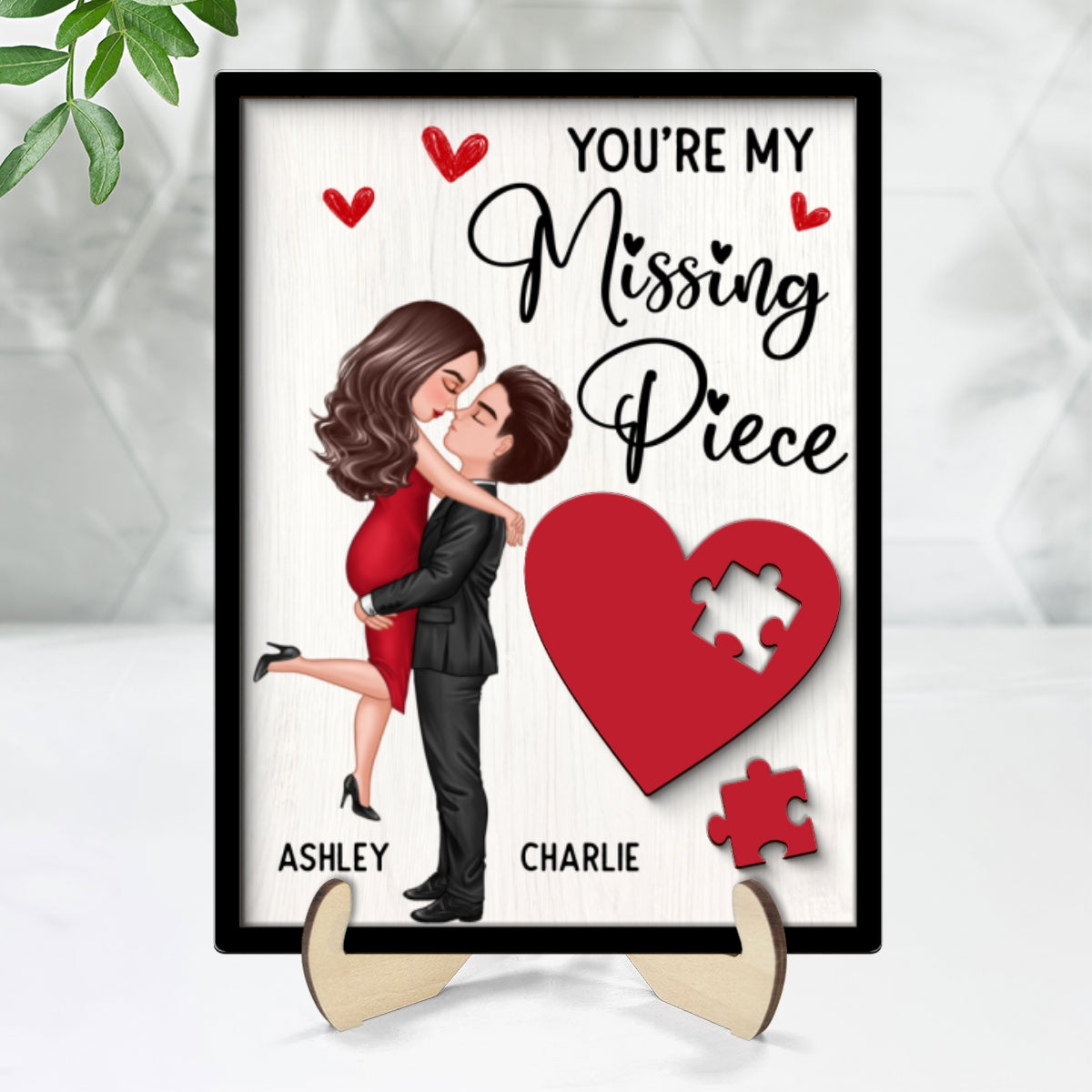 Couple Missing Piece Red Heart Valentine‘s Day Gift Personalized 2-layer Rectangle Wooden Plaque