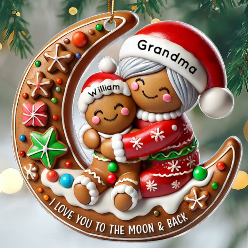 3D Effect Gingerbread Grandma Hugging Grandkid On Moon Christmas - Personalized Acrylic Ornament - Gift For Granddaughter, Grandson