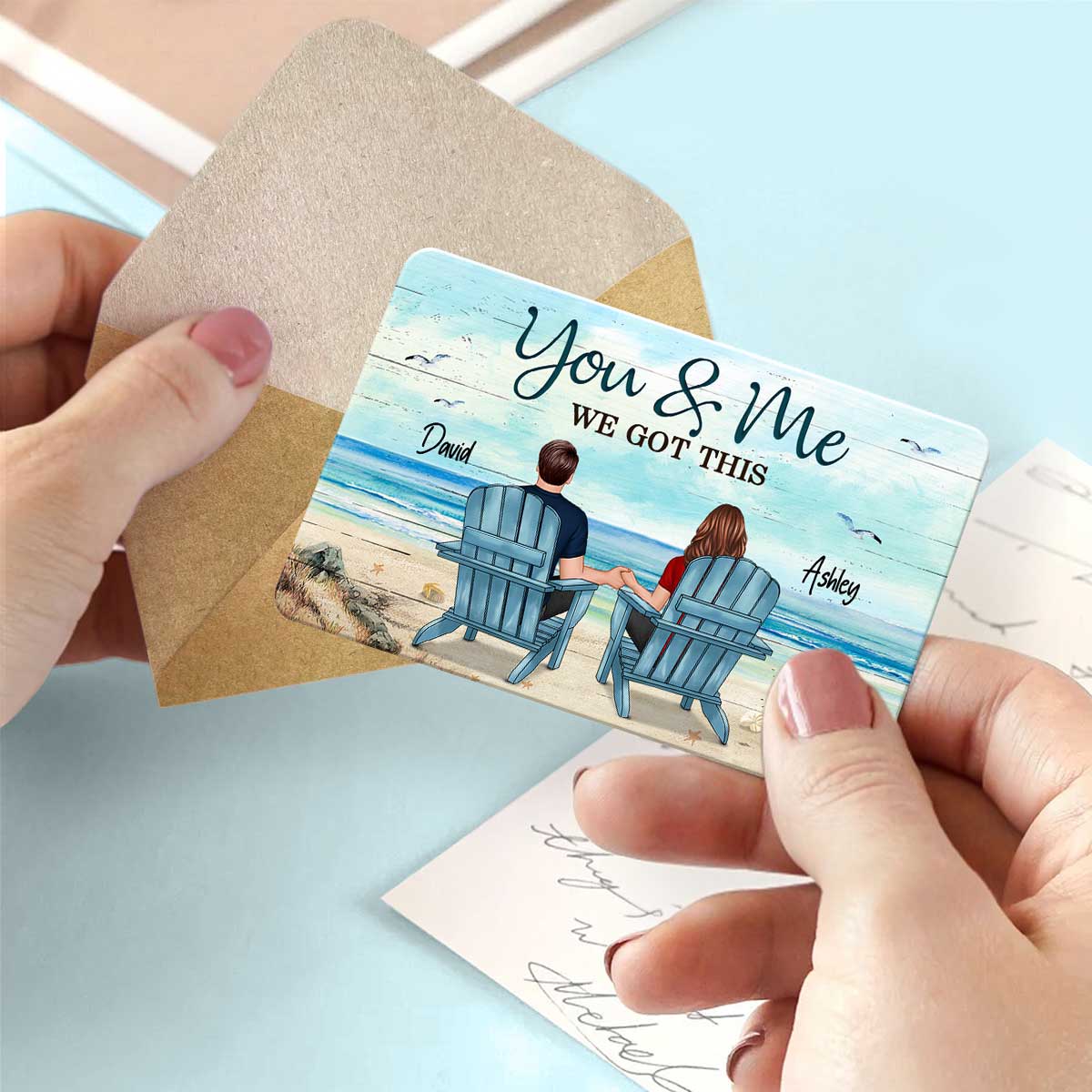 Couple Back View Sitting At Beach Wallet Insert Keepsake Personalized Metal Wallet Card