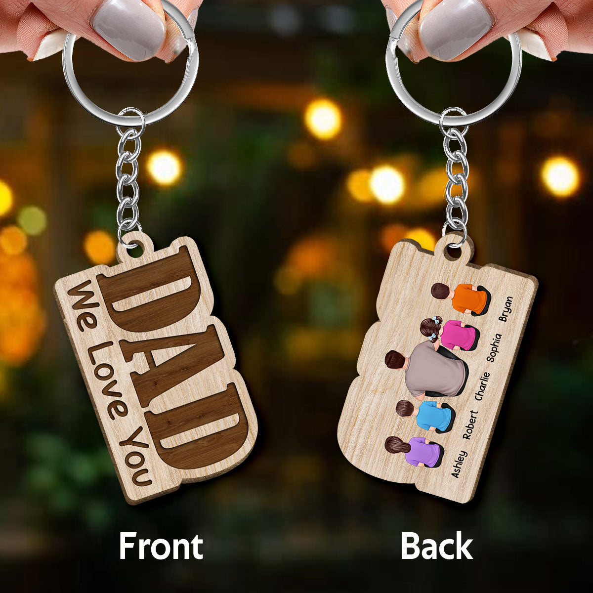 Dad We Love You Back View Sitting Man Kids Dog Cat Personalized Wooden Keychain