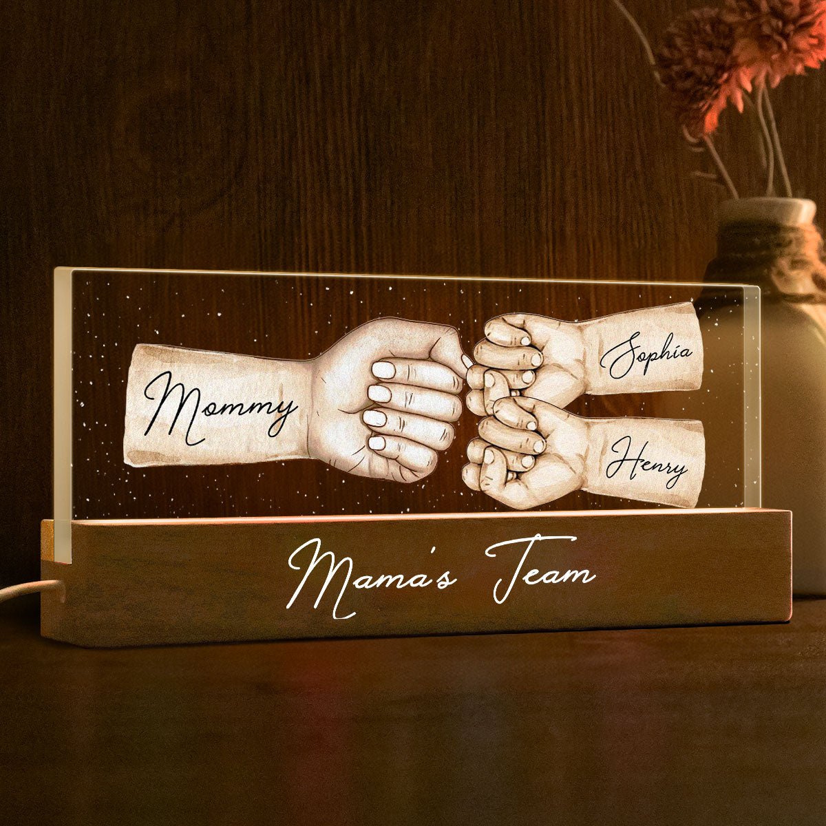 Mama's Team Fist Bump Personalized Acrylic LED Night Light, Gift For Mom, Grandma