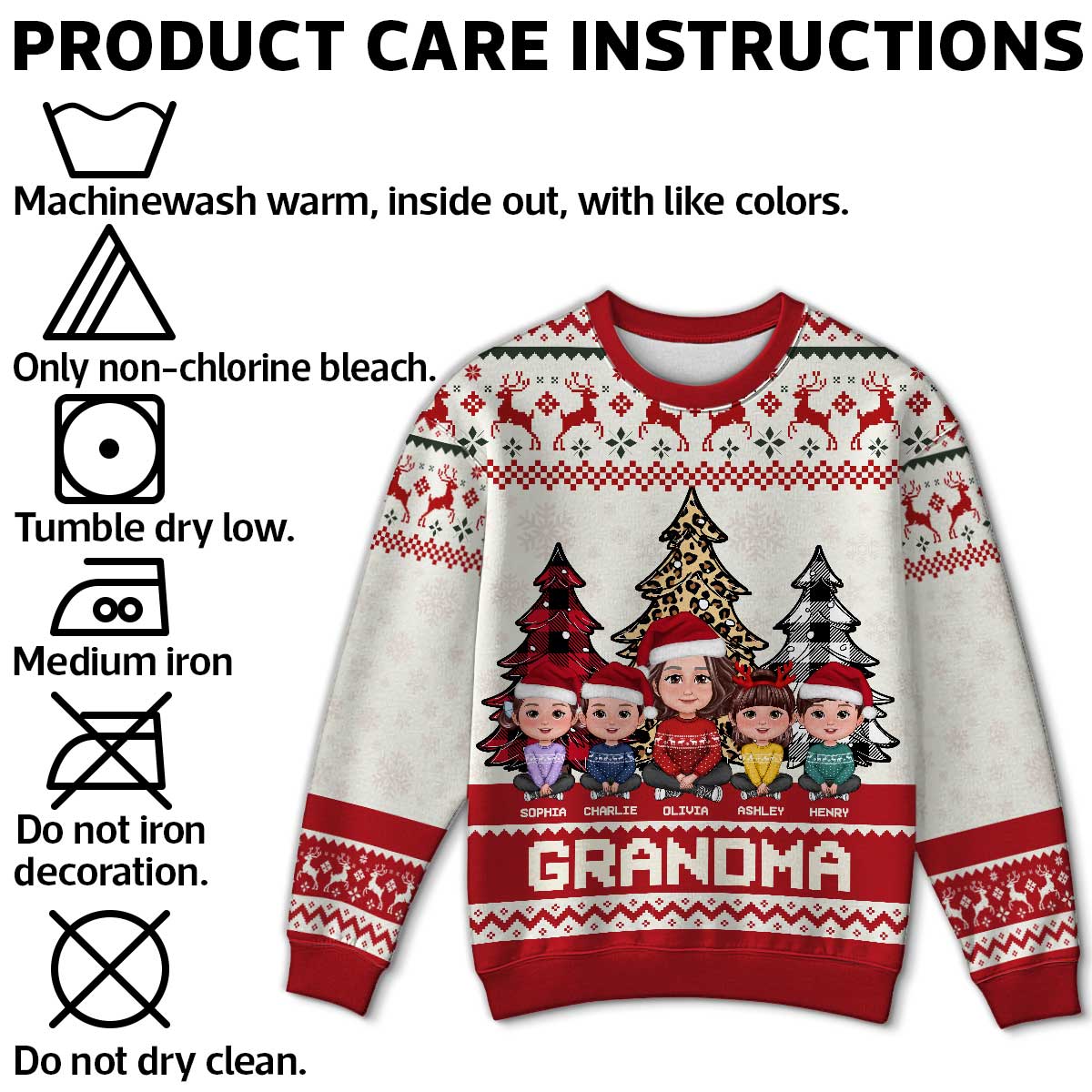 Leopard Checkered Pattern Grandma Grandkids Christmas Personalized Faux Knitting Ugly Sweater