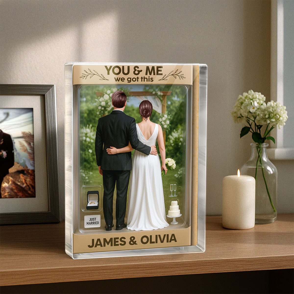 Bride & Groom Couple Realistic Figures Style Garden Wedding Theme Personalized Acrylic Block Plaque, Wedding Gift, Newlyweds Gift