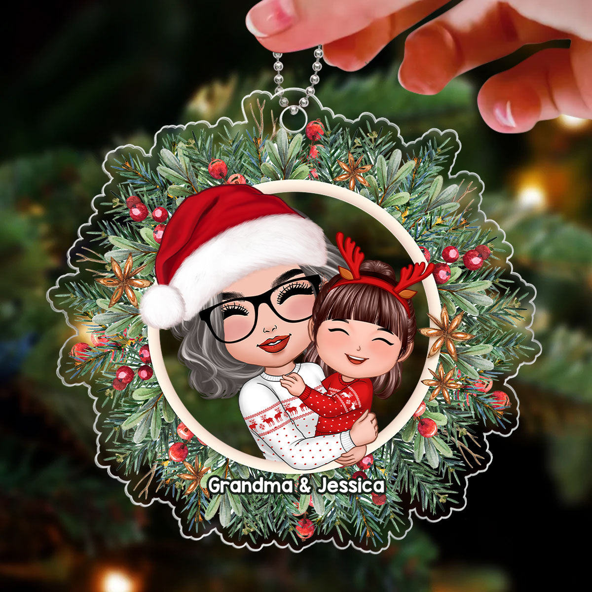 Grandma Hugging Grandkid Christmas Wreath Personalized Acrylic Ornament