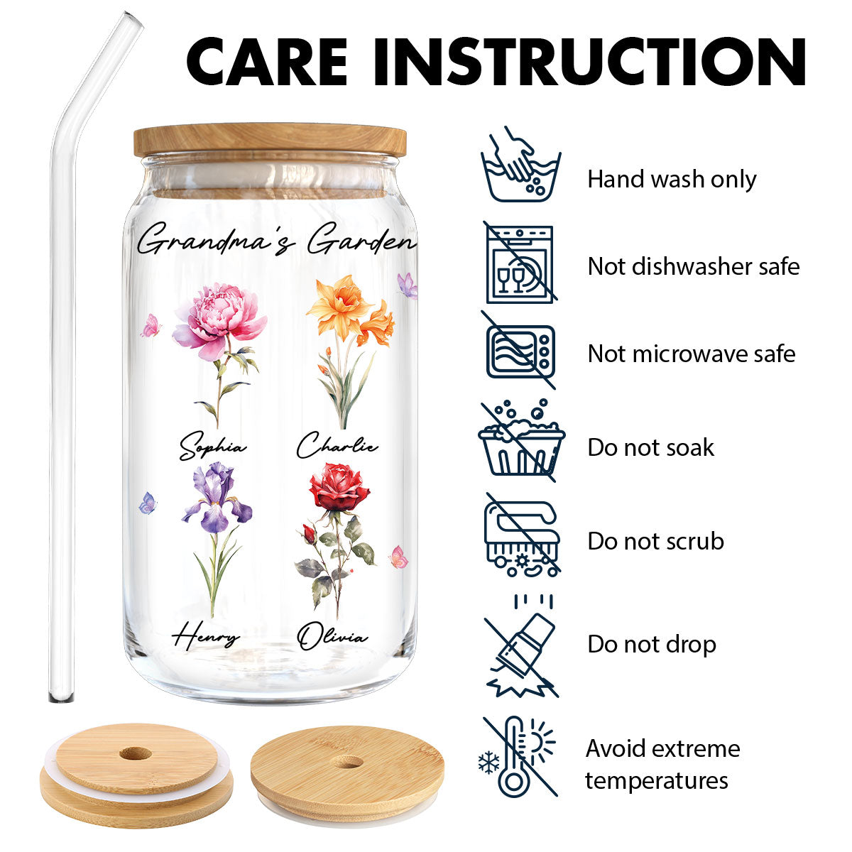 Grandma‘s Garden Beautiful Birth Month Flowers Mother‘s Day Birthday Gift For Grandma Mom Personalized Clear Glass Can