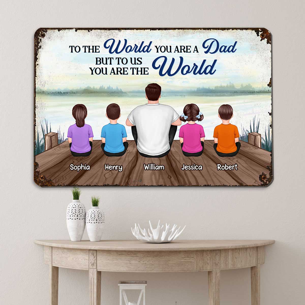 Dad And Kids Back View Lake Personalized Metal Sign