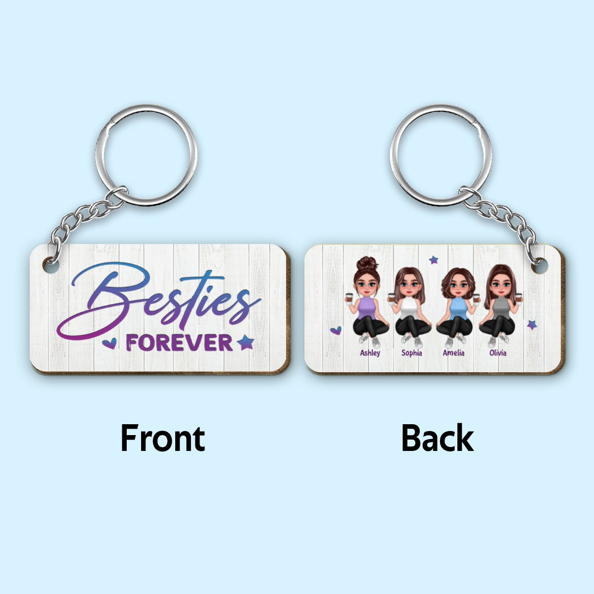 Pretty Doll Sitting Best Friends Sisters Personalized Wooden Keychain
