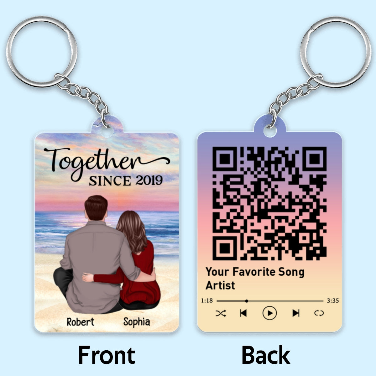 Couple Back View Sitting At Beach Favorite Song Scannable QR Code Personalized Acrylic Keychain