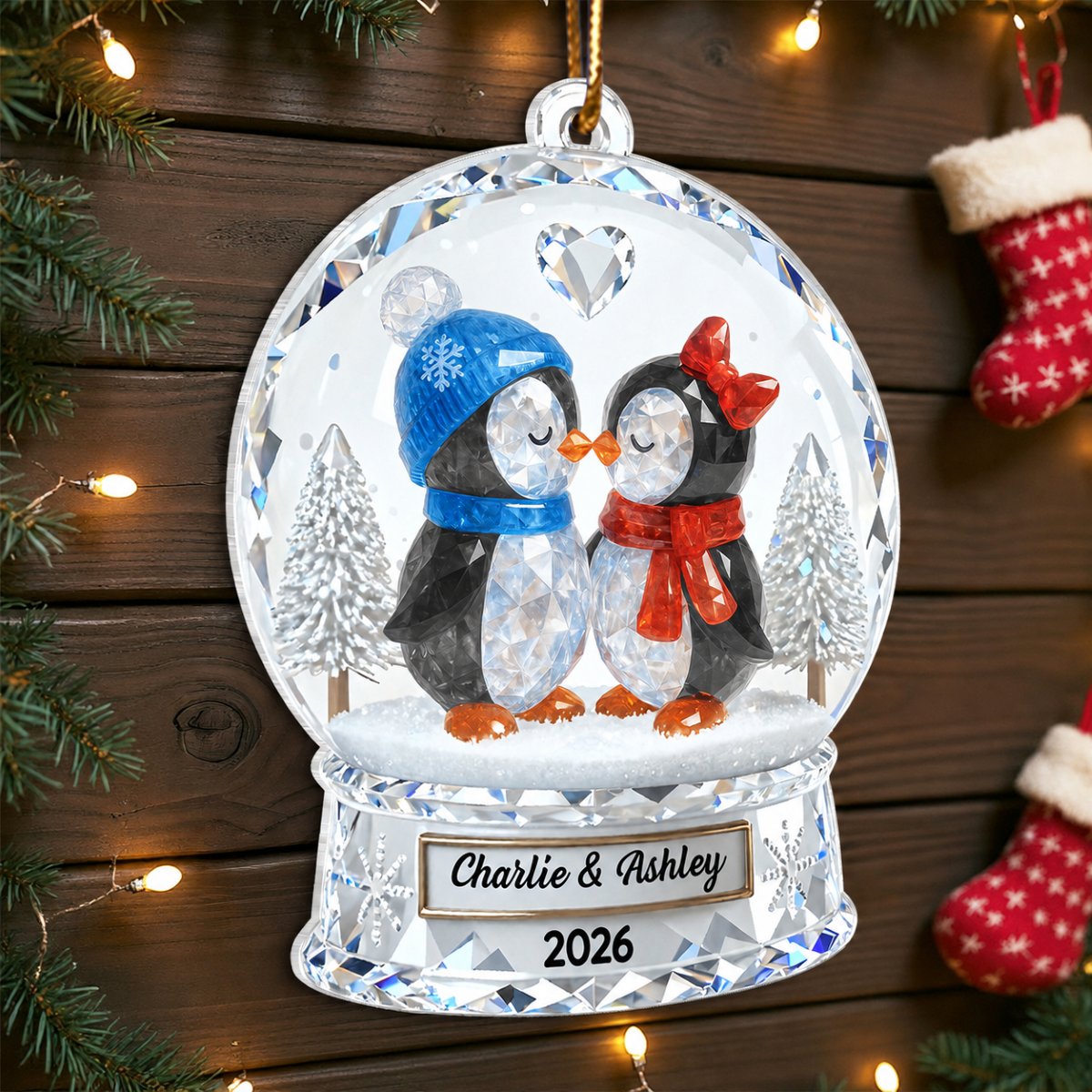 Penguin Couple 3D Crystal Effect - Personalized Acrylic Ornament - Christmas Gift for him, Gift for her