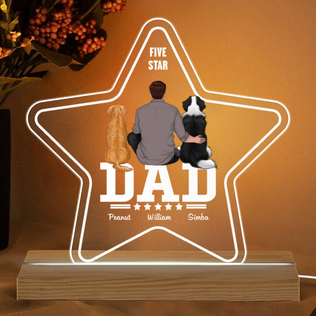 Five - Star Dog Dad Back View Personalized Custom Shape Acrylic LED Night Light