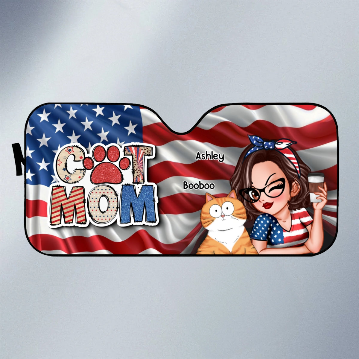 Cat Mom 4th of July America Sparkly Pattern Personalized Car Sunshade, Independence Day