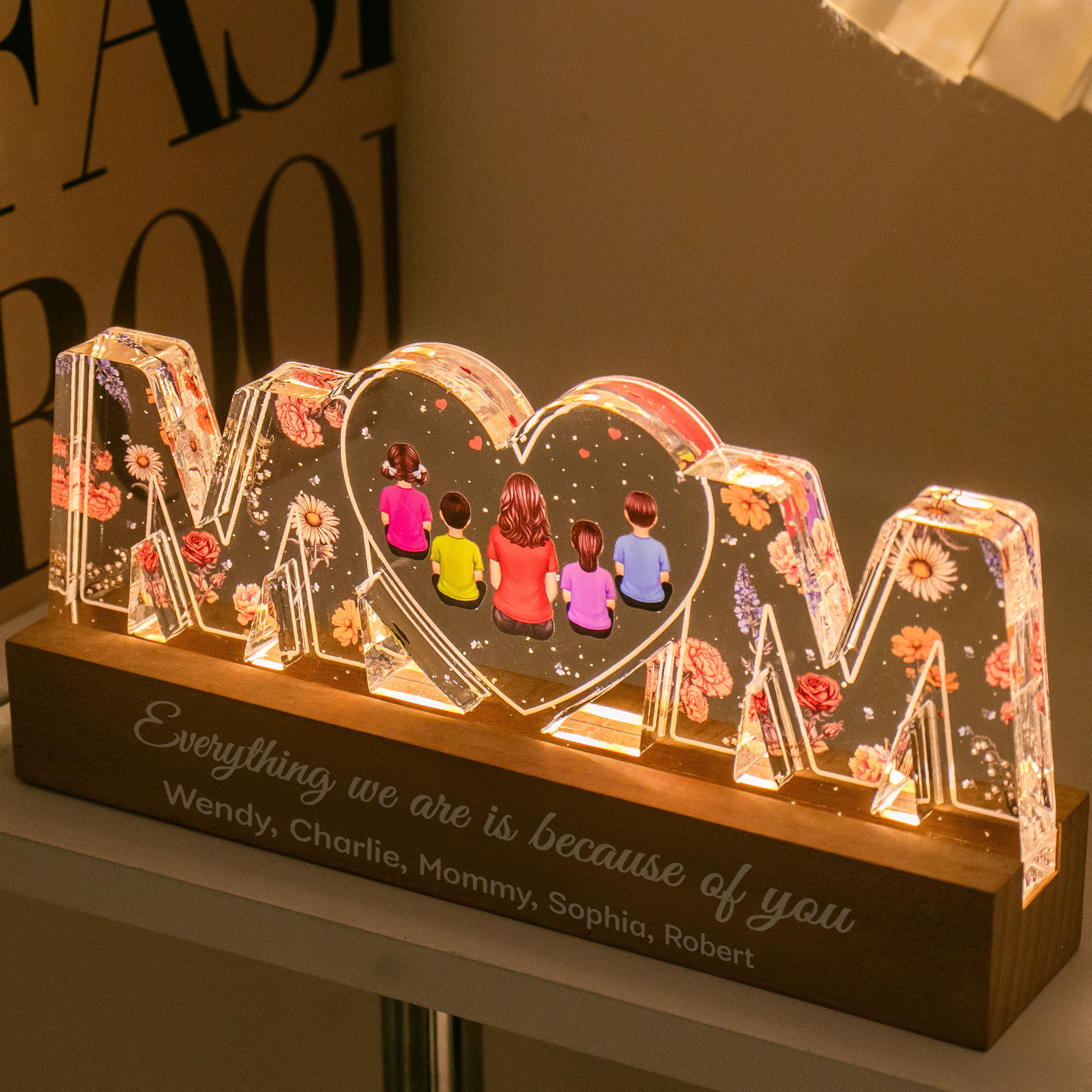 Mom Everything I Am Is Because Of You Personalized LED Night Light, Birth Month Flower, Gift For Mom, Grandma