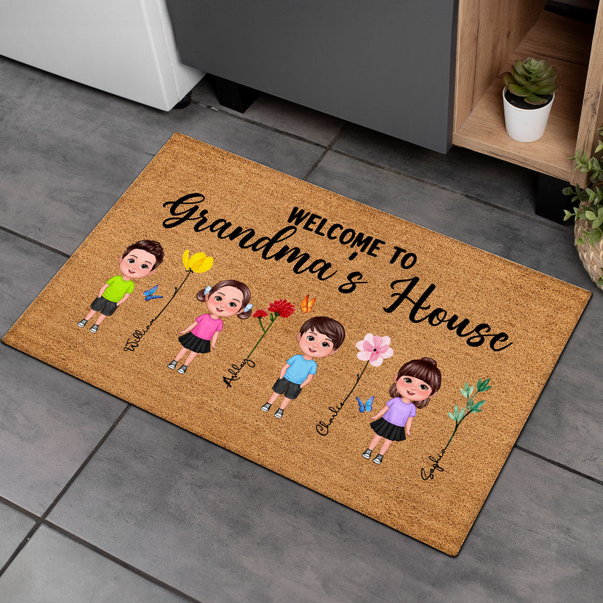 Welcome To Grandma Grandpa Grandparents House Grandkids Standing Watercolor Flowers Personalized Doormat