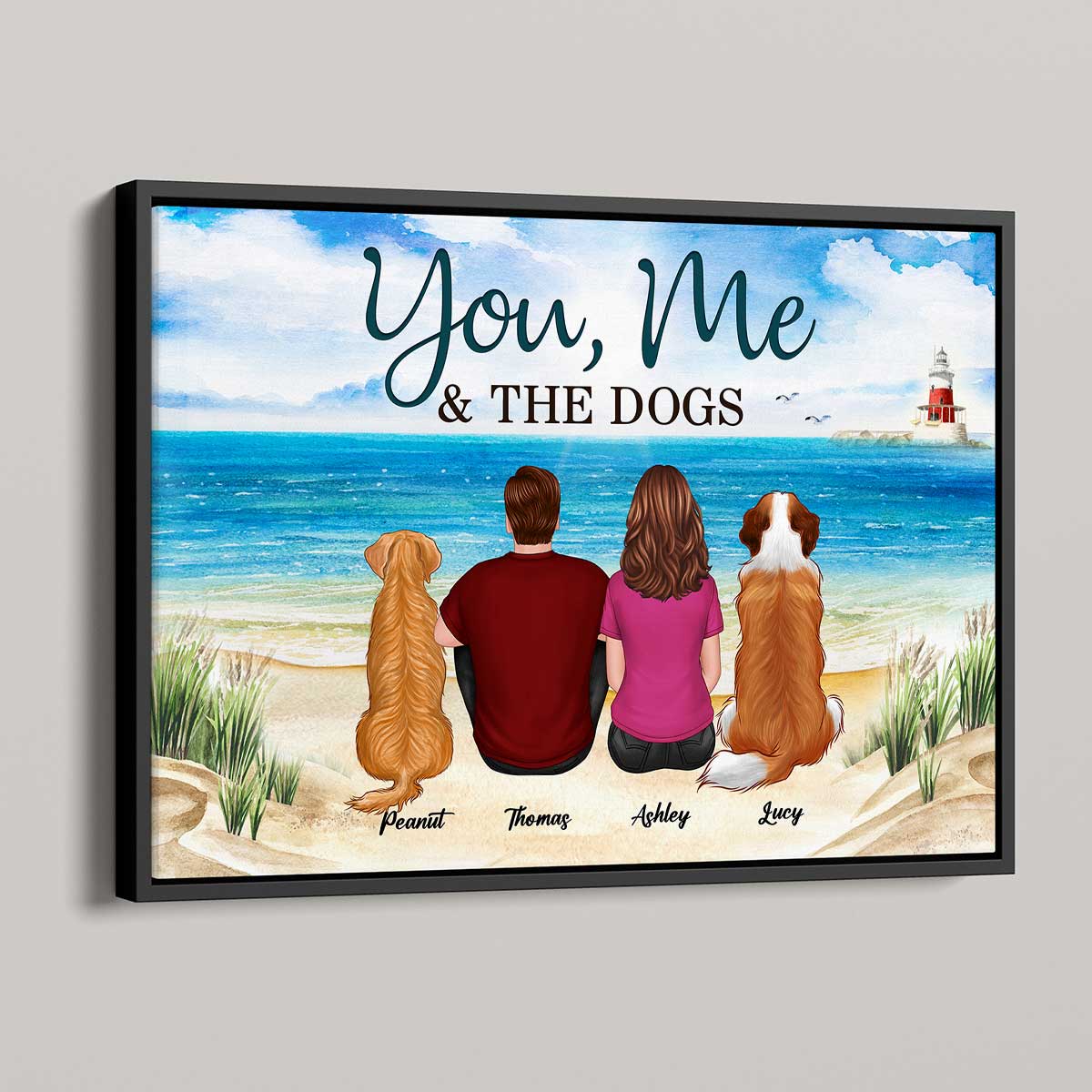 Couple Back View Sitting At Beach With Dog Cat Pet Lover Personalized Poster
