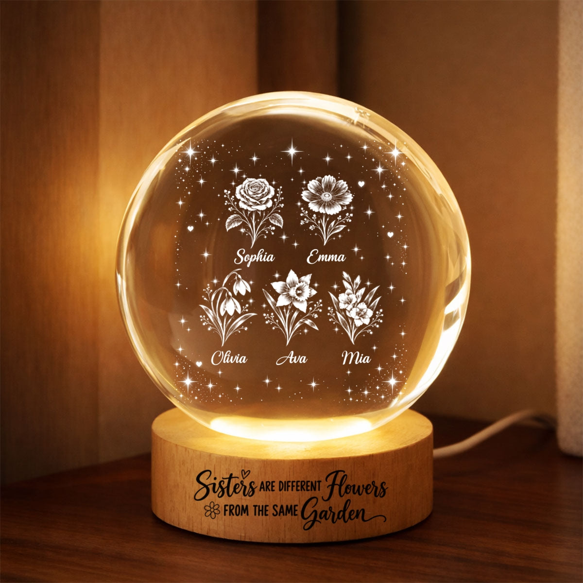 Sisters Are Different Flowers from the Same Garden - Personalized Crystal Ball LED Night Light - Christmas Gift for Sisters
