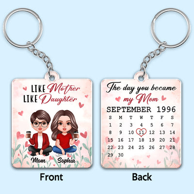 Realistic Mother Daughter Sitting Heart Flower Calendar Date Personalized Wooden Keychain