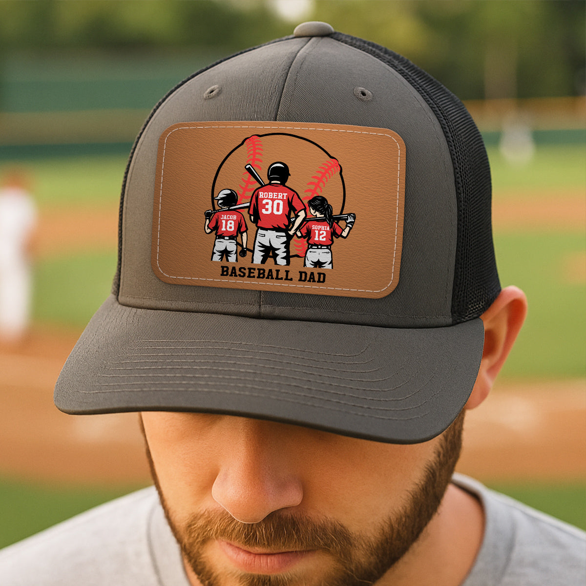 Baseball Dad And Kids Back View Silhoutte Personalized Leather Pacth Hat, Father's Day gift
