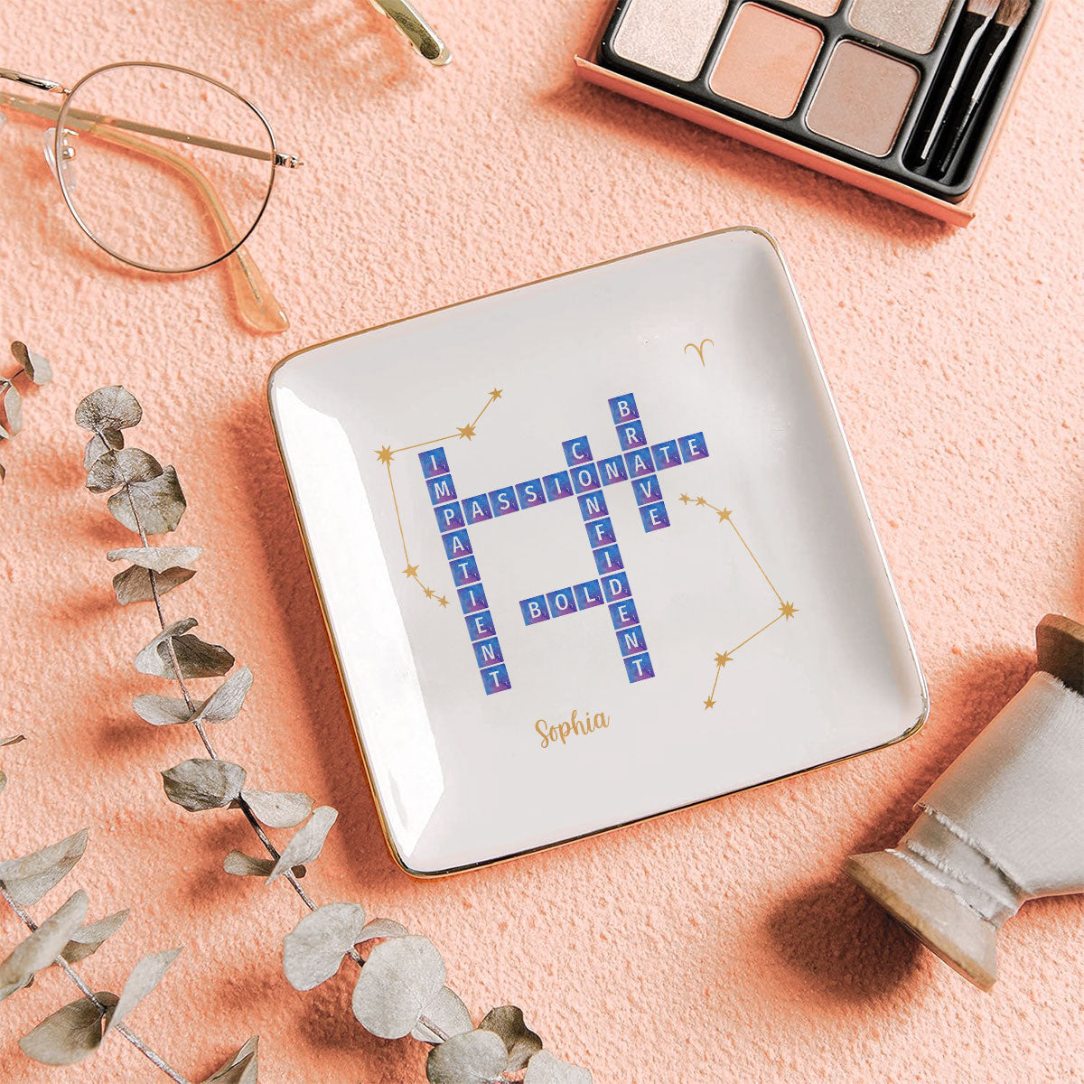 Zodiac Sign Crossword Astrological Personalized Jewelry Dish, Gifts For Friends, Daughter Birthday Gifts