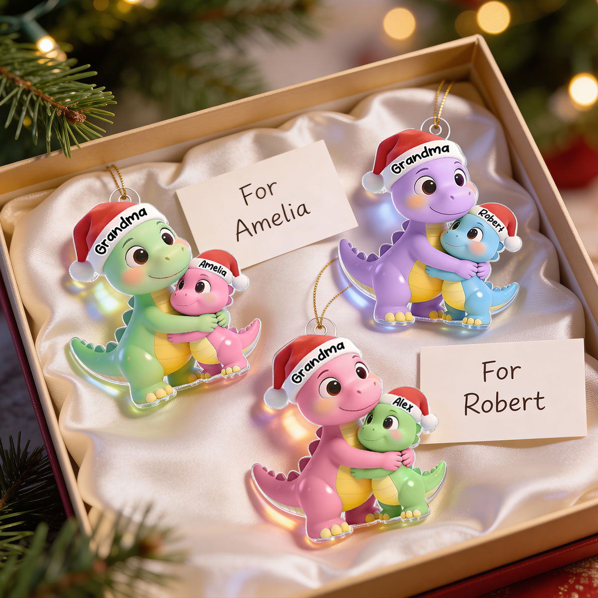 3D Effect Heartwarming Happy Grandmasaurus With Dinosaur Grandkid - Personalized Acrylic Car Hanger - Gift For Grandkids