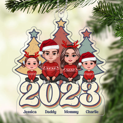 Vintage Christmas Tree Family Sitting Personalized Acrylic Ornament