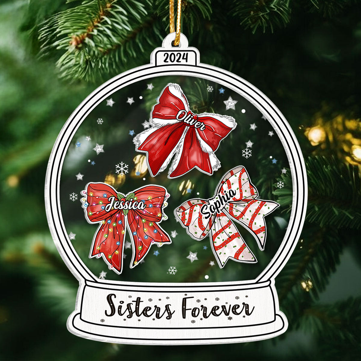 Besties Sisters Christmas Bow Personalized Shaker Ornament, Christmas Gift for Besties Sisters