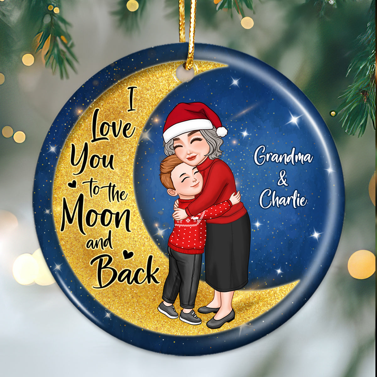Grandma Grandkid Hugging On Watercolor Moon Personalized Circle Ornament