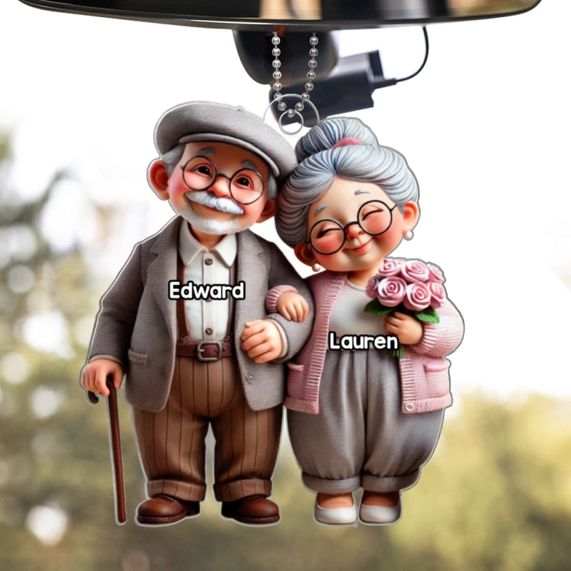 3D Effect Old Cartoon Couple Holding Hand Personalized Acrylic Car Hanger, Valentine's Day, Anniversary, Just Because Gift for him, for her