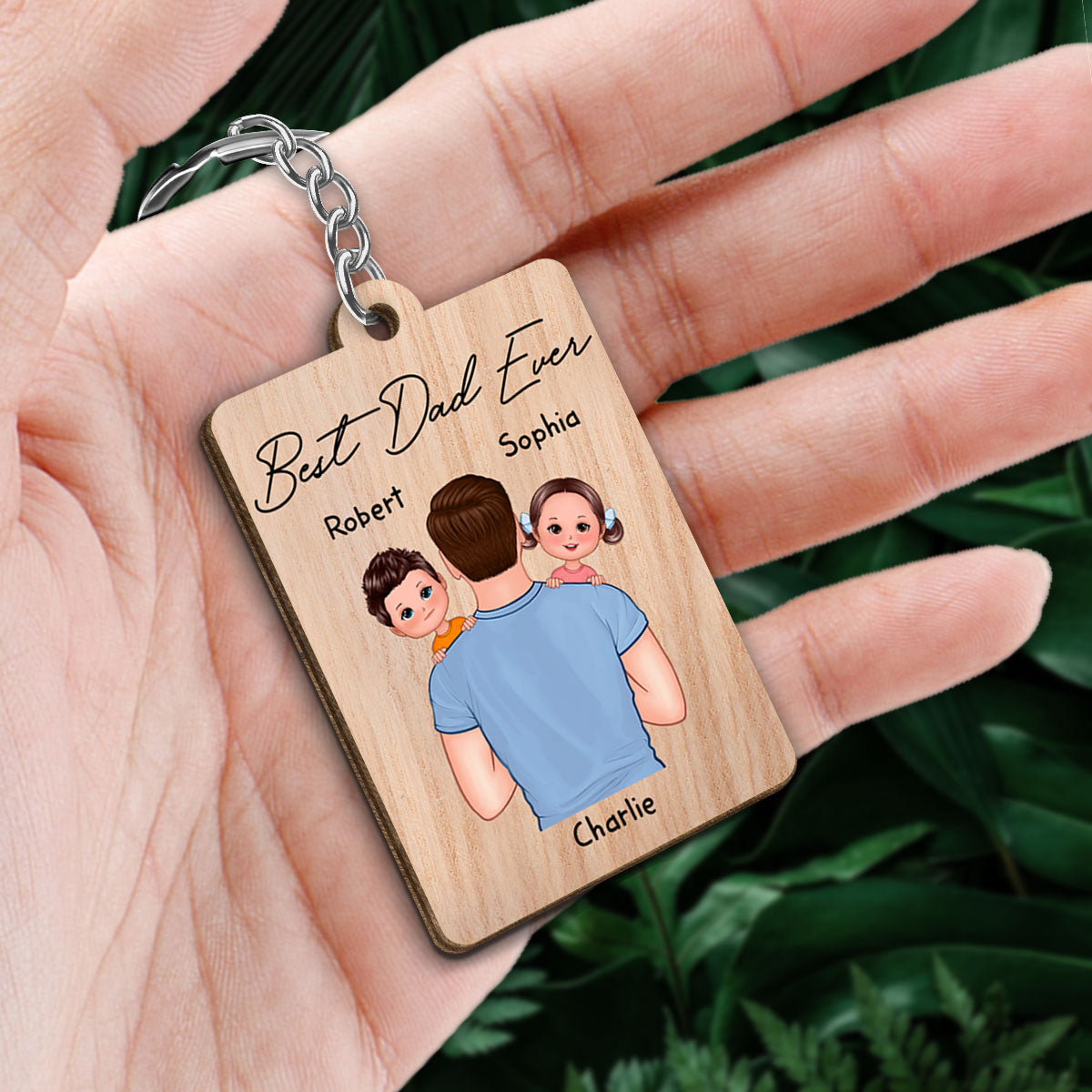Dad Carrying Kids On Shoulder Gift For Dad Personalized Wooden Keychain