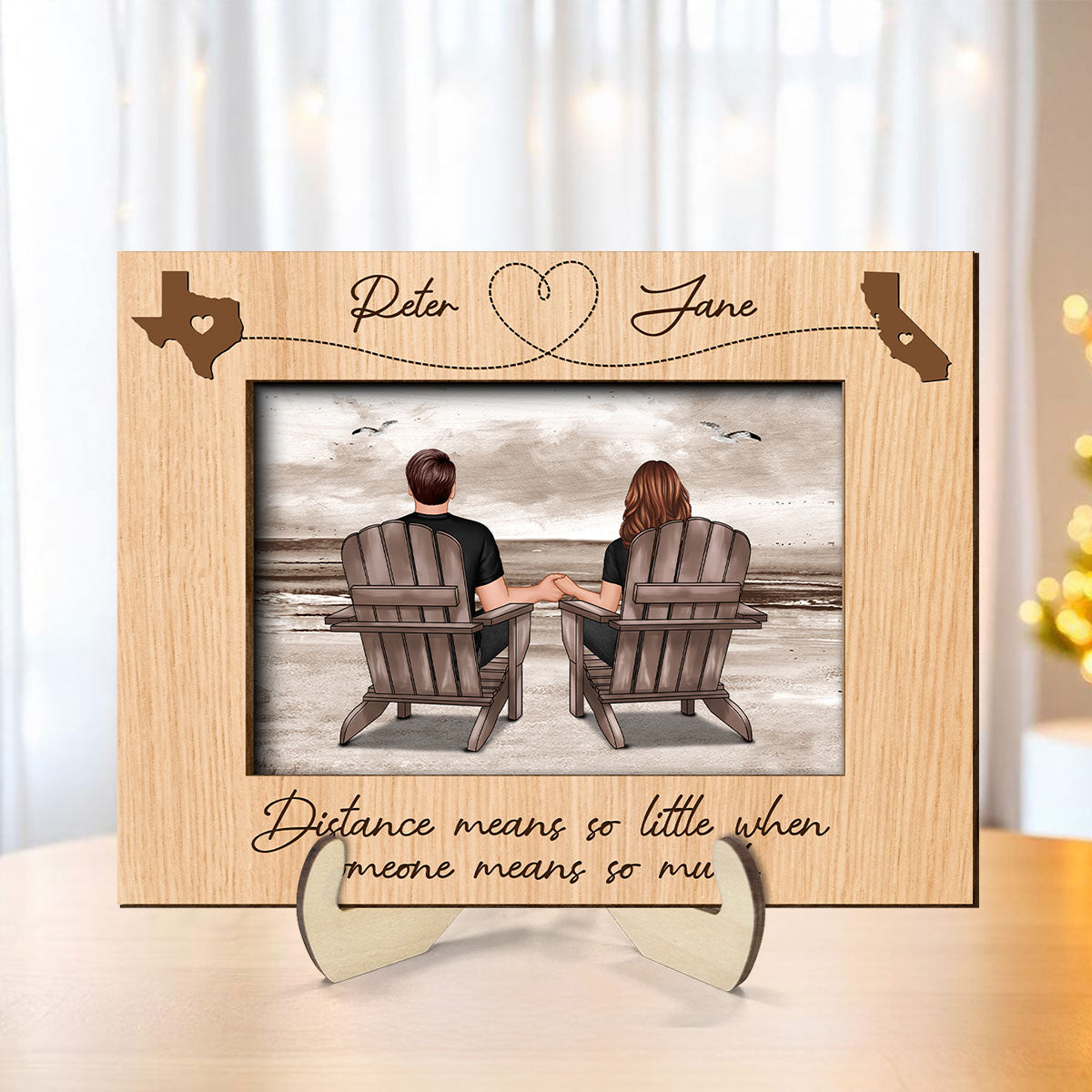 Long Distance Couple Sitting Back View At Beach Personalized 2-Layer Wooden Plaque