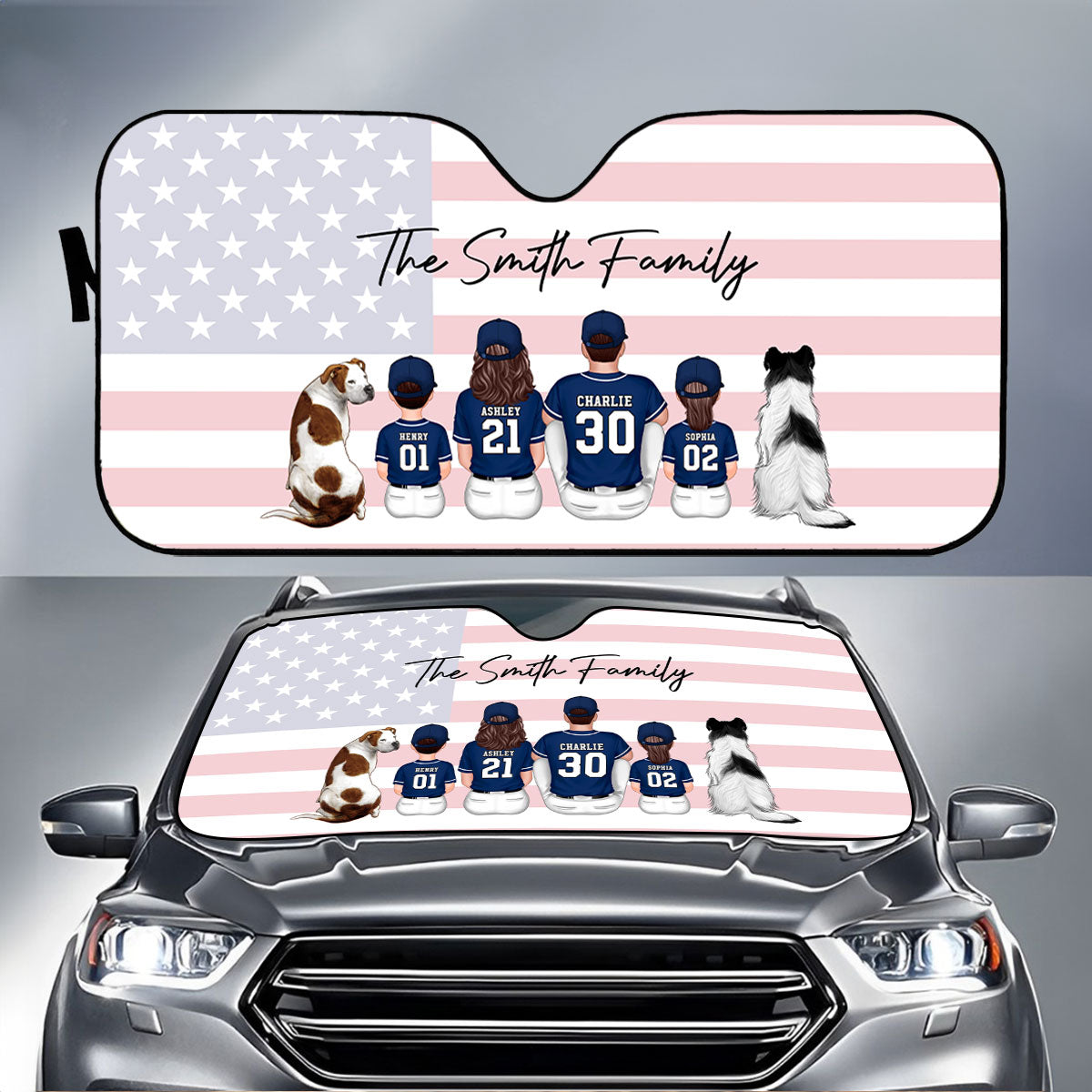 Baseball Family Sitting Back View Personalized Car Sunshade