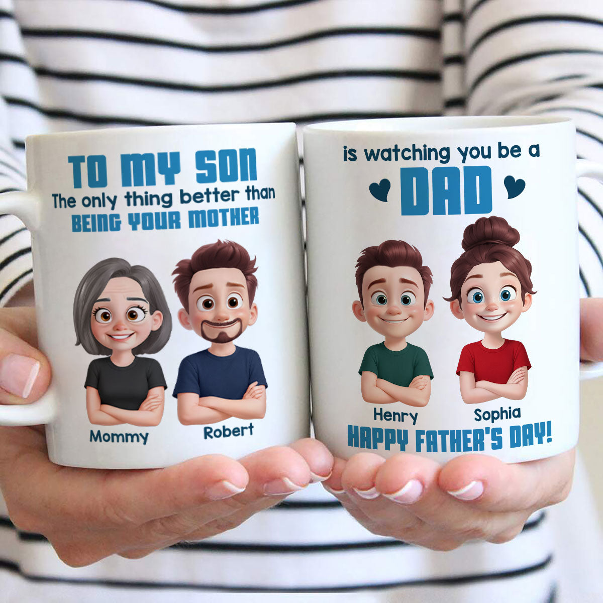 From Mom To Son Watching You Be A Dad Cartoon Style Personalized Mug, Father's Day Gift For Son