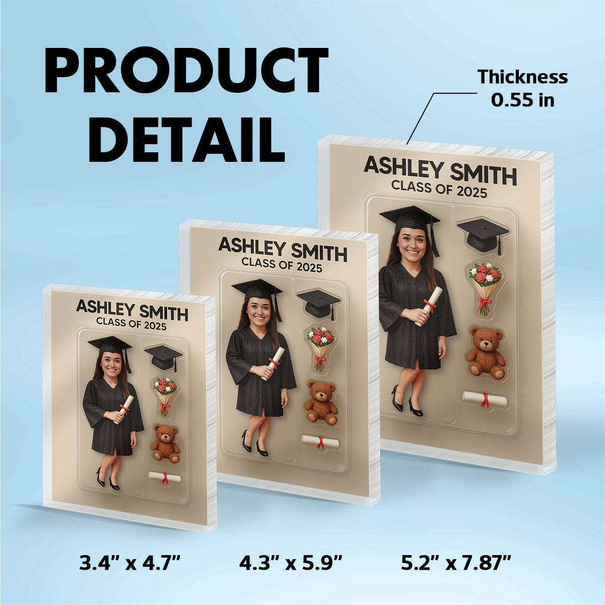 3D Effect Graduate Custom Figure Personalized Flat Rectangle Acrylic Block Plaque, Unique Keepsake, Graduation Gift [FEMALE version ONLY]