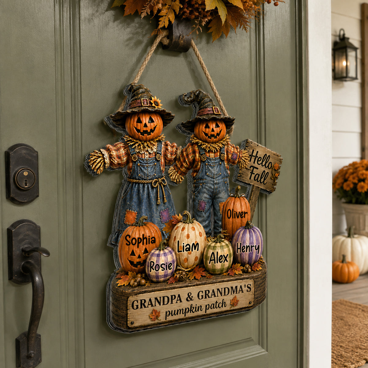 Grandma Grandpa's Pumpkin Patch Scarecrow - Personalized Door Sign - Halloween Fall Decor for Grandparents