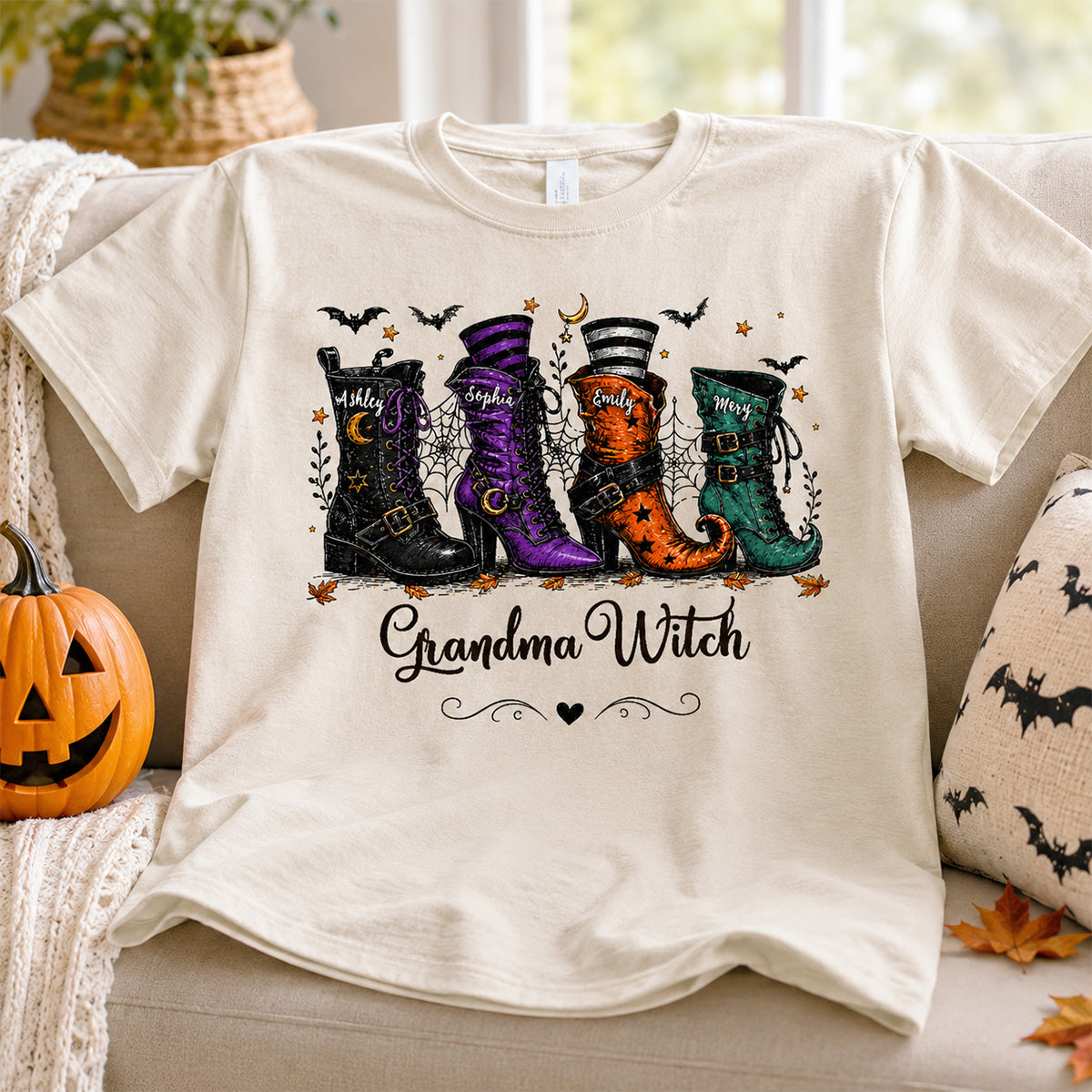 Grandma Witch Boots With Grandkids’ Names – Personalized Shirt – Halloween Gift For Grandma