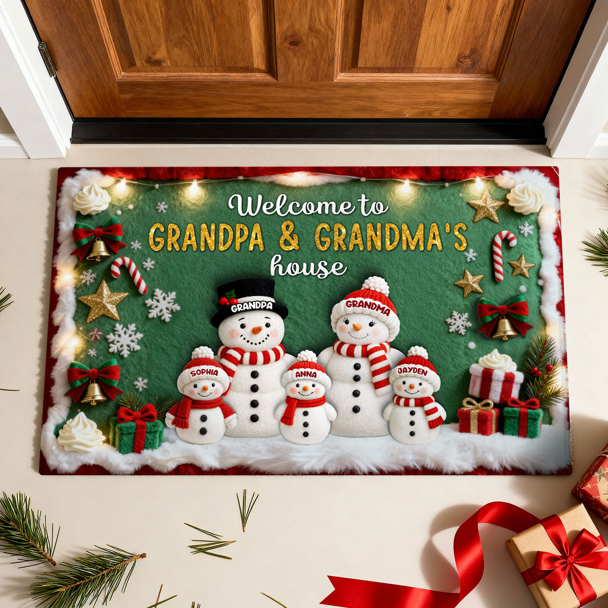 3D Effect Festive Christmas Snowman Welcome To Grandma Grandpa House - Personalized Doormat