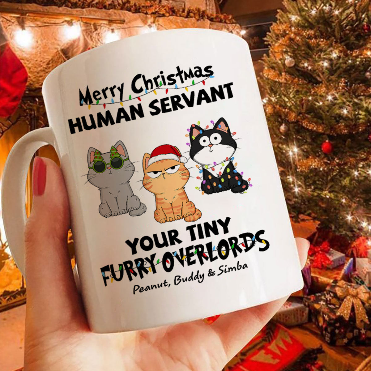 Christmas Fluffy Funny Cats Expressions Merry Christmas Human Servant Personalized Mug