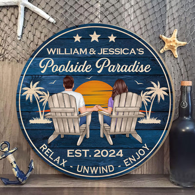 Poolside Paradise Couple Sitting - Personalized Wood Sign
