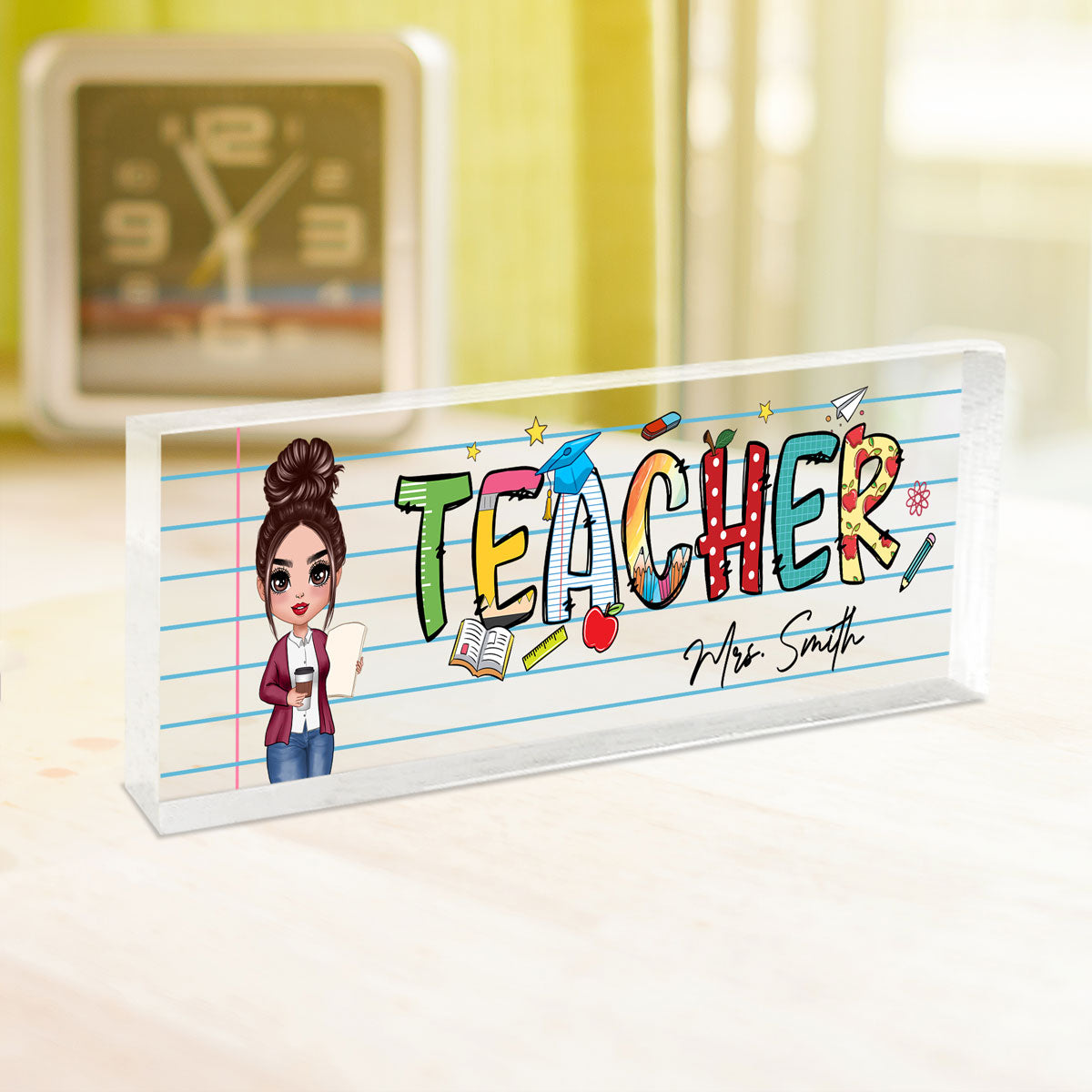 Teacher Beautiful Patterned Personalized Acrylic Desk Name Plate, Gift For Teacher, Office Decor