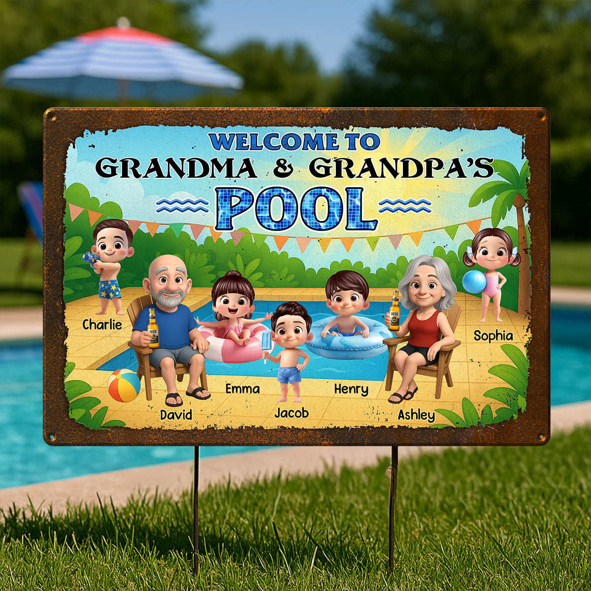 Welcome to Grandma & Grandpa's Pool Personalized Metal Sign, Grandparents Hosting Grandkids Summer Sign