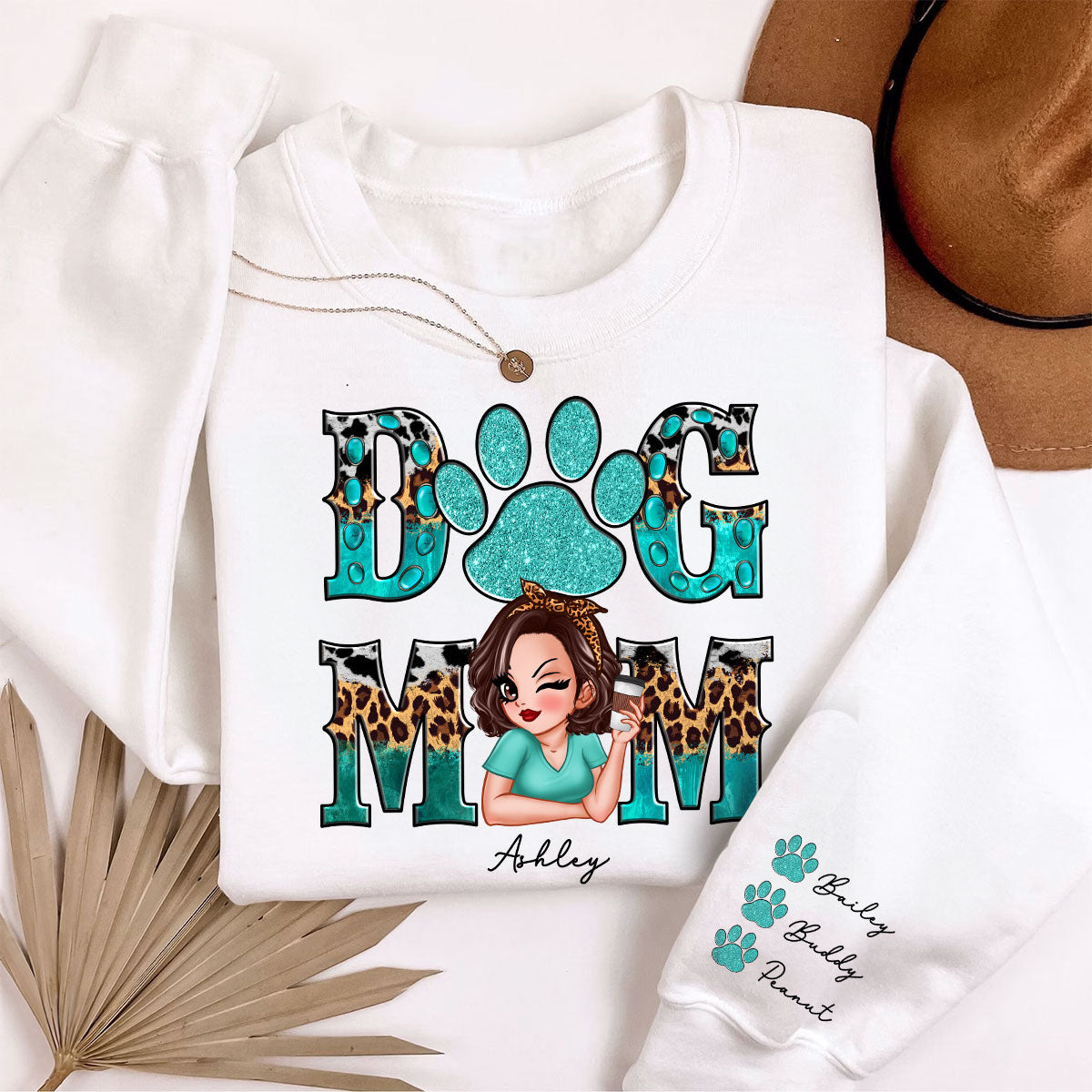 Teal And Leopard Dog Mom Gift For Dog Lovers Personalized Sleeve Printed Sweatshirt