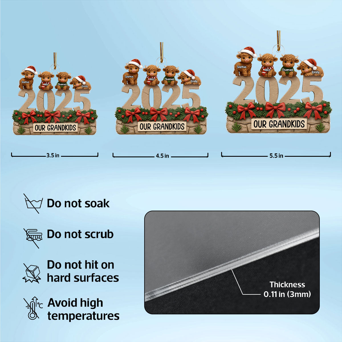 3D Effect Christmas Highland Cows Our Grandkids - Personalized Acrylic Ornament - Gift For Grandparents, Grandkids
