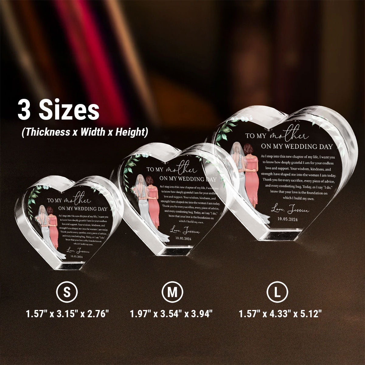 Personalized Wedding Mother of the Bride Gift from Daughter, a Treasure Forever Custom Premium Crystal Heart LED, Free Shipping Included