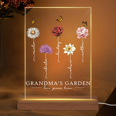 Grandma‘s Garden Love Grows Here Beautiful Birth Month Flower Gift For Grandma Mom - Personalized Acrylic Block Plaque LED Night Light - Gift For Grandma Mom