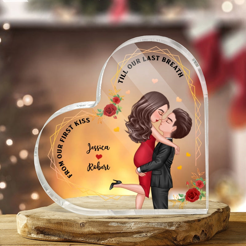 Hugging Couple From Our First Kiss Couple Personalized Acrylic Heart Plaque
