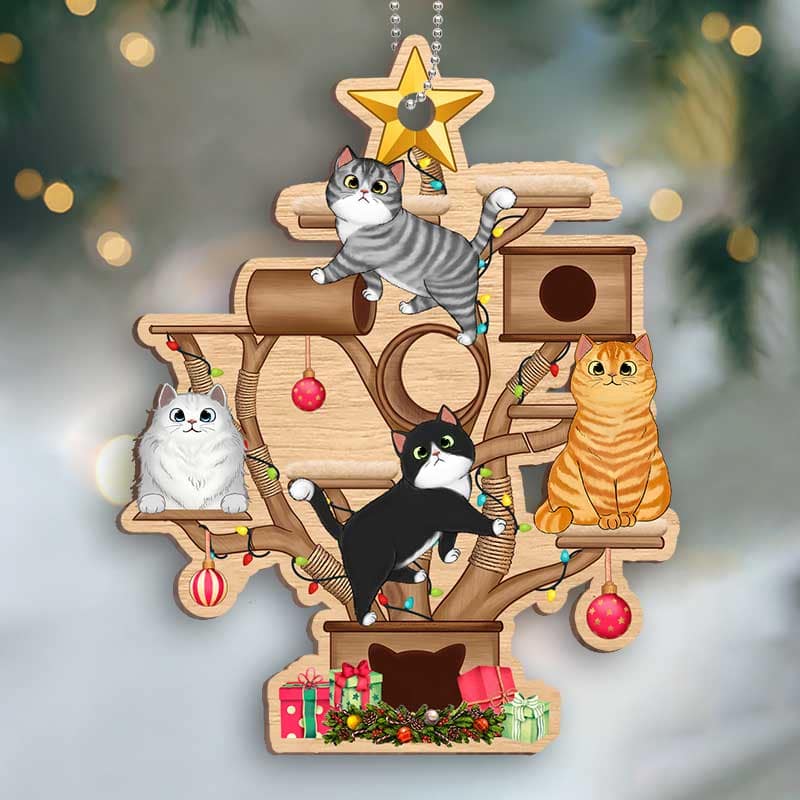 Christmas Cat Tower Personalized Wooden Ornament