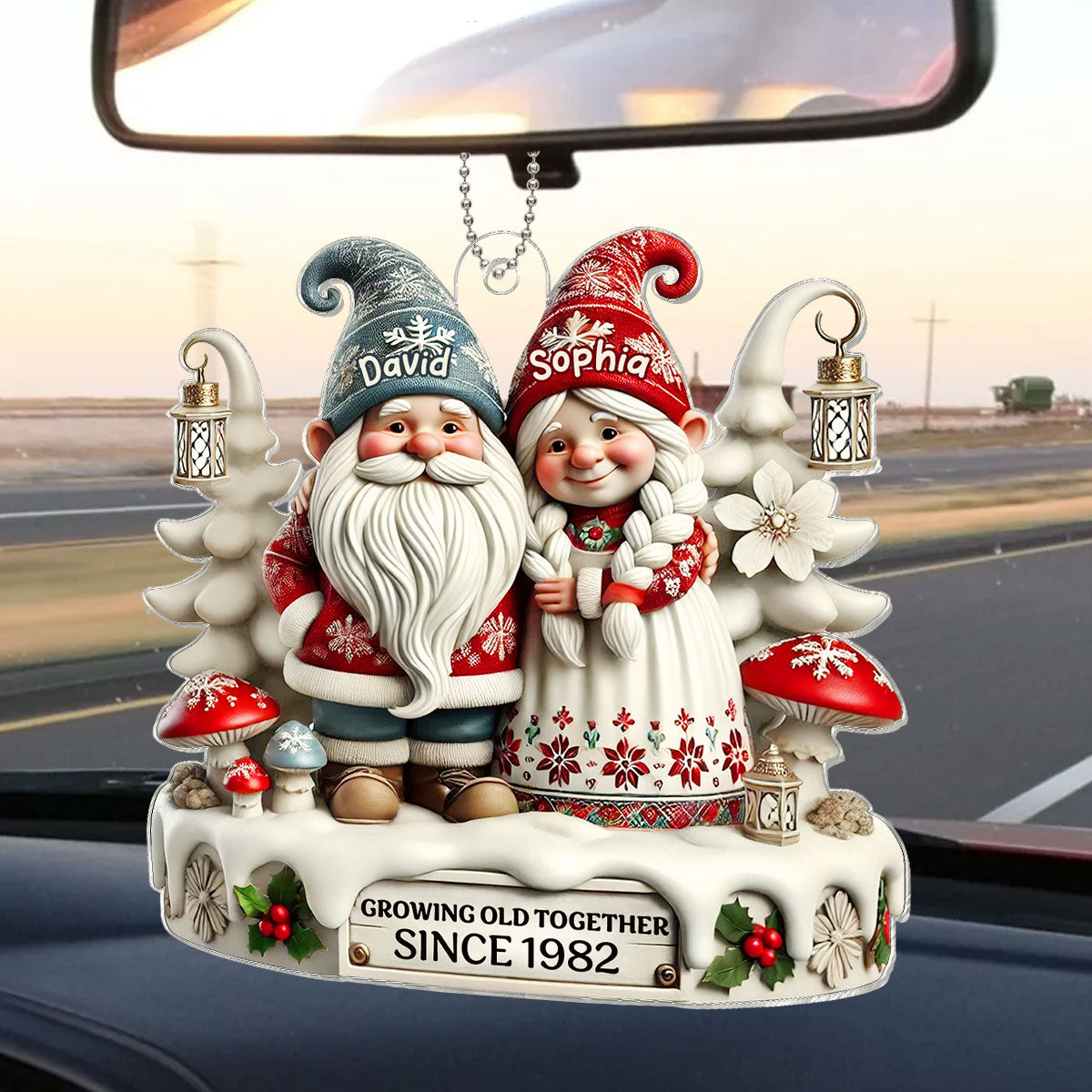 3D Effect Gnome Couple Together Personalized Acrylic Car Hanger Ornament, Valentine's Gift For Couple, For Him, For Her, Husband, Wife