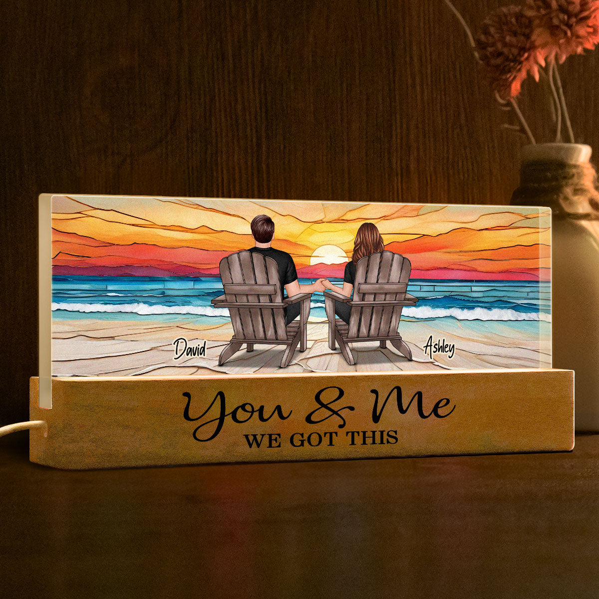 Couple Sitting At Beach Landscape Stained Glass Personalized Acrylic Block LED Night Light